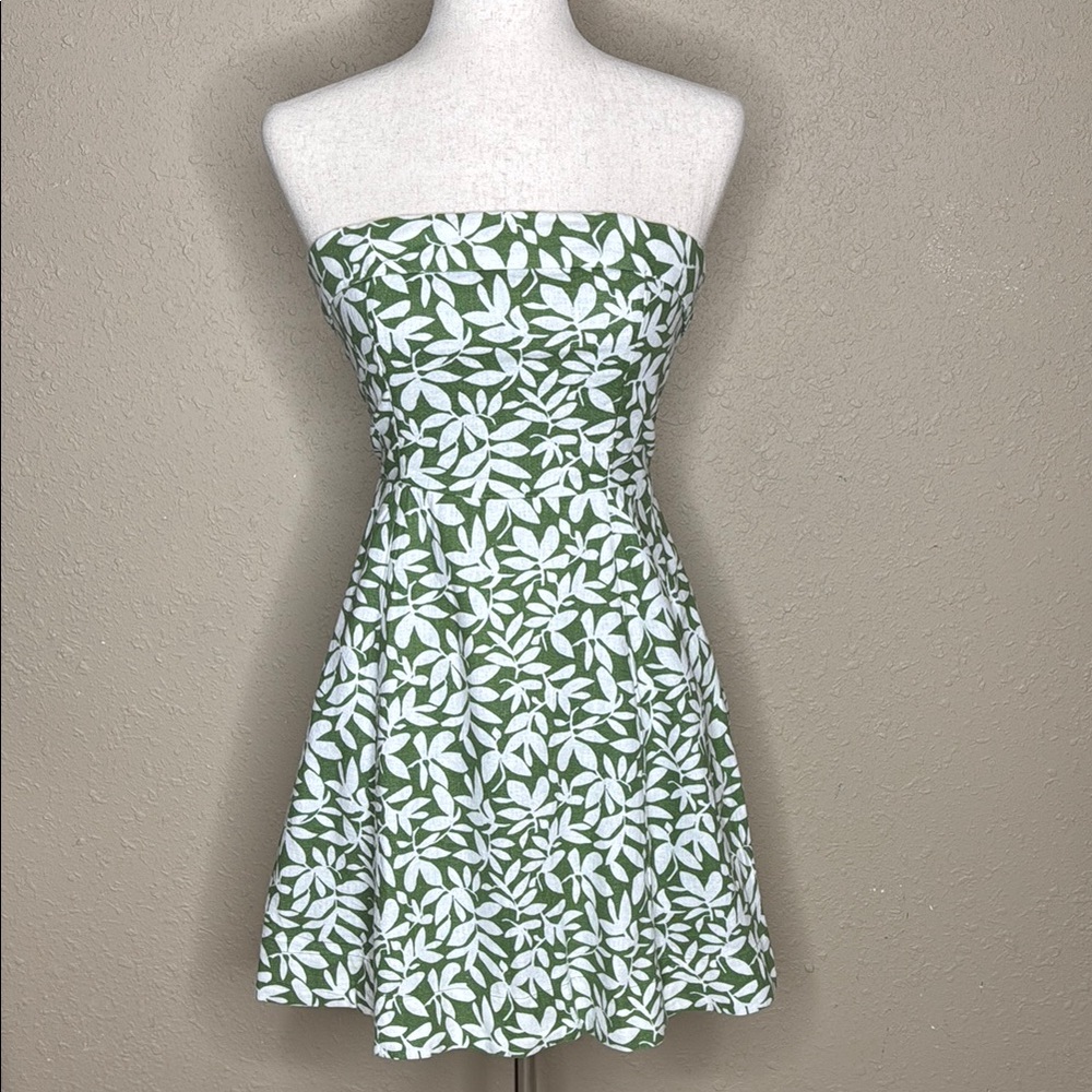 Strapless Green & White Leaf Print Dress